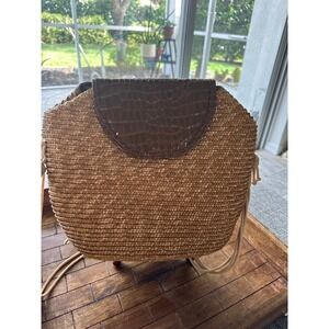 Genie Woven Straw Crossbody Bag Brown Faux Croc Flap Rope Strap Summer Beach EUC